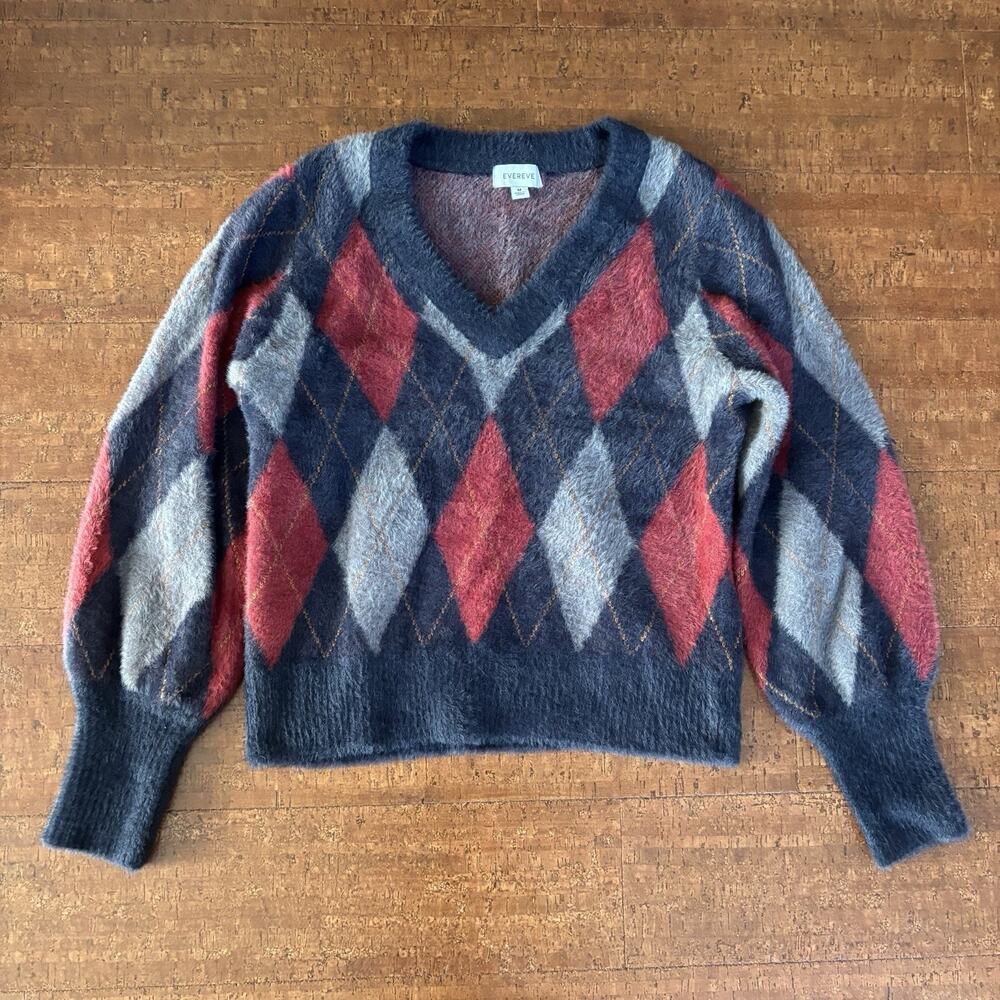 Evereve Lea Argyle Soft Pullover Womens Sz XS Knit V Neck Preppy